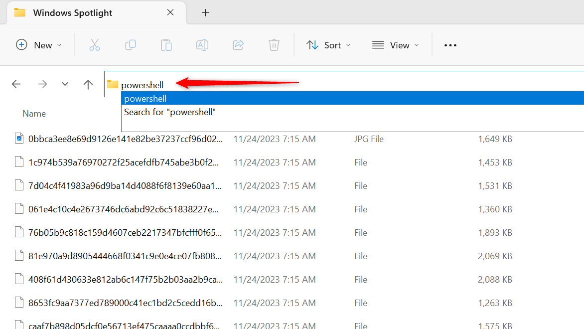 "powershell" typed in File Explorer's address bar.