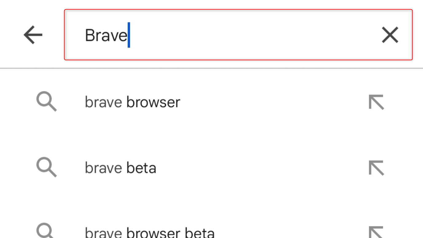 "Brave" typed in Google Play Store's search box on Android.