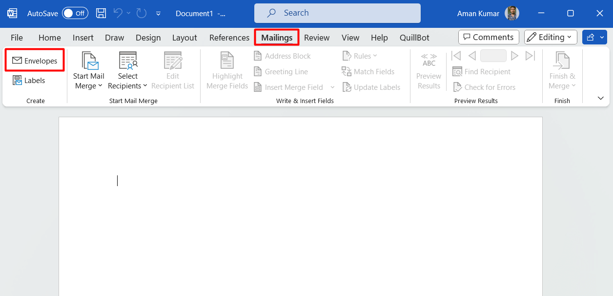 "Mailings" and "Envelopes" highlighted in Microsoft Word.
