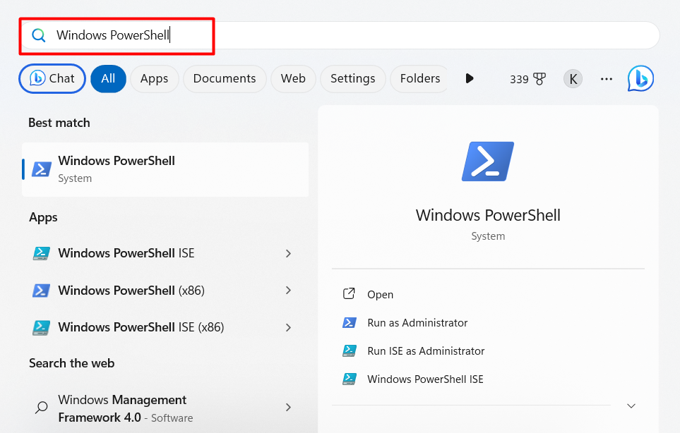 "Windows PowerShell" typed in Start menu search.