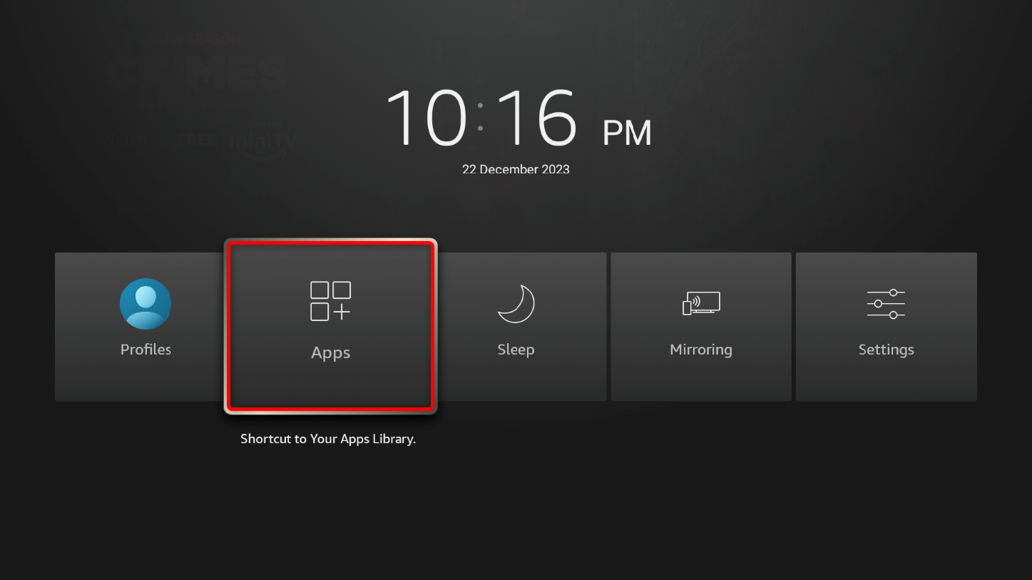 "Apps" highlighted in Quick Access menu of Fire TV Stick.