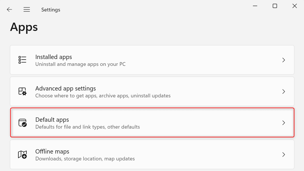 "Default apps" highlighted in Windows 11 Settings.