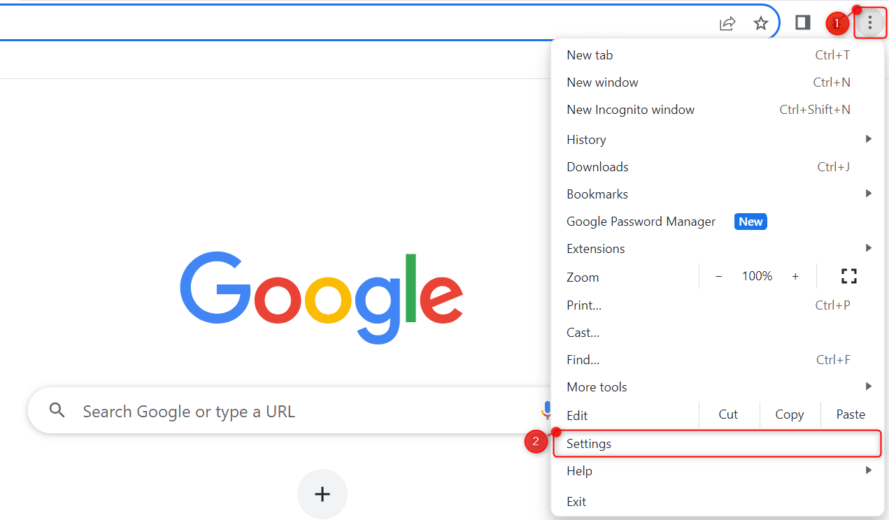 Three dots and "Settings" highlighted in Chrome.