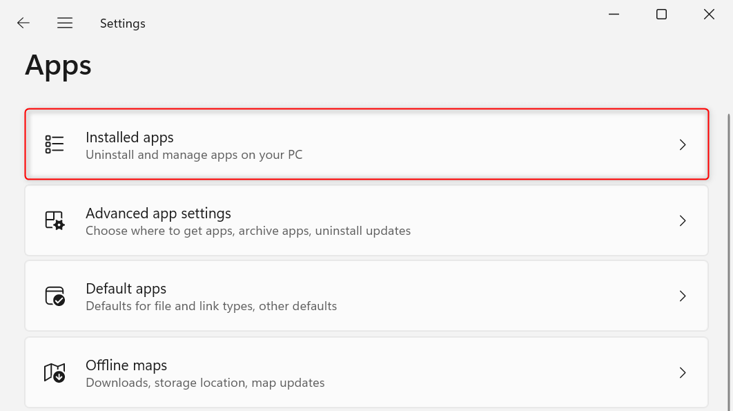"Installed apps" highlighted in Windows 11 Settings.