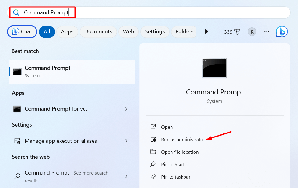 "Run as administrator" highlighted for Command Prompt in Start menu.