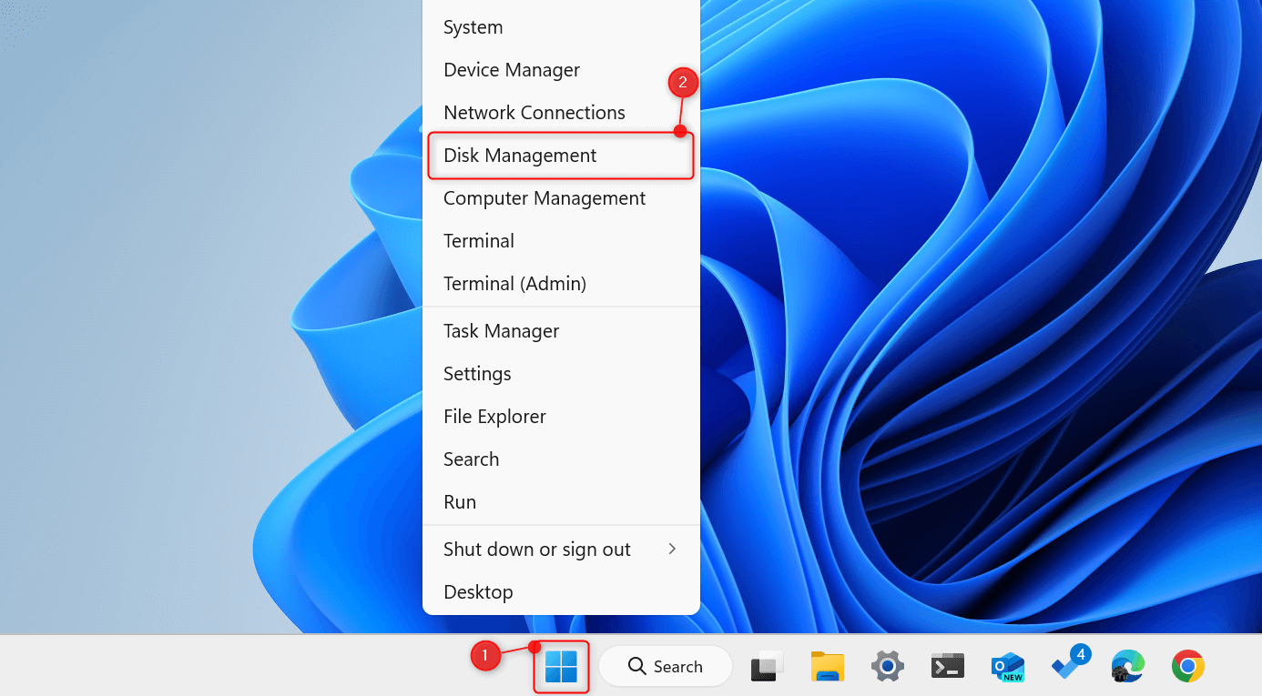 "Disk Management" highlighted in Power User Menu.