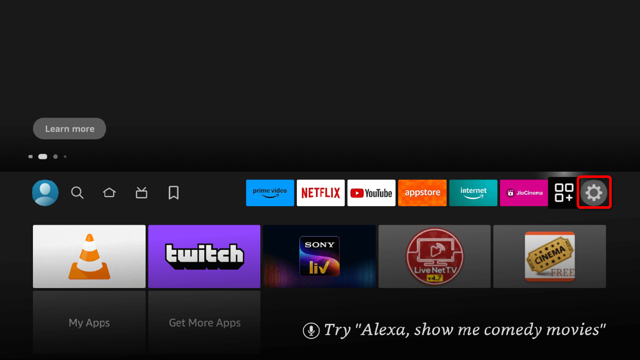 "Settings" highlighted on Fire TV Stick's Home screen.