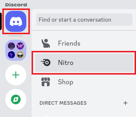 "Nitro" highlighted in the Direct Messages section of Discord.