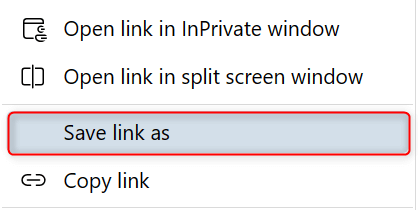 "Save link as" highlighted in a web browser.