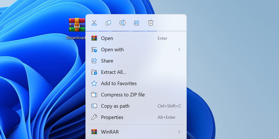 Context menu for a ZIP file in Windows File Explorer.