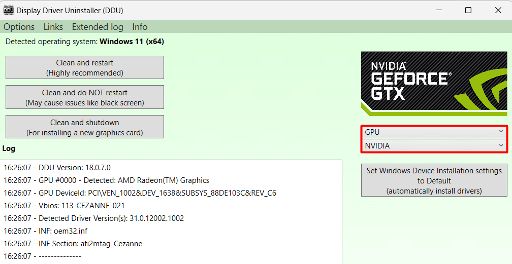 "GPU" and "NVIDIA" highlighted in DDU.