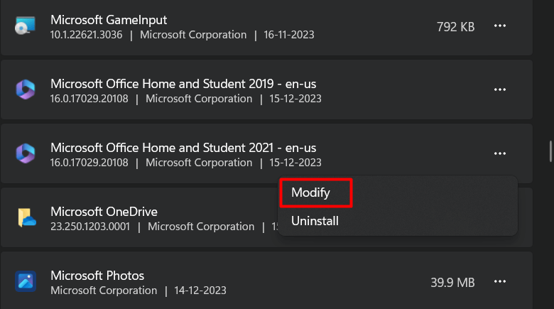 "Modify" highlighted for Microsoft Office in Windows 11 Settings.