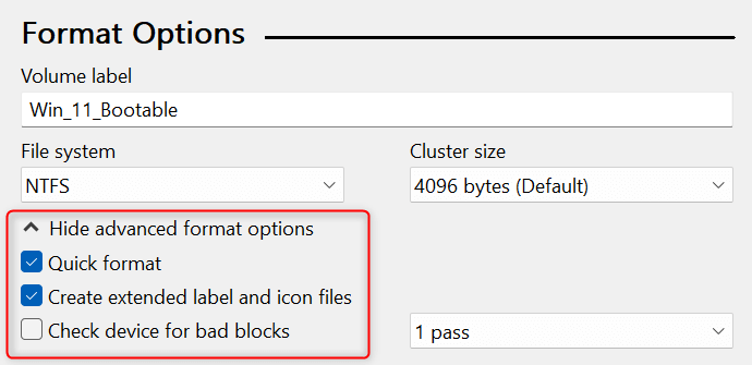 Advanced format options in Rufus.