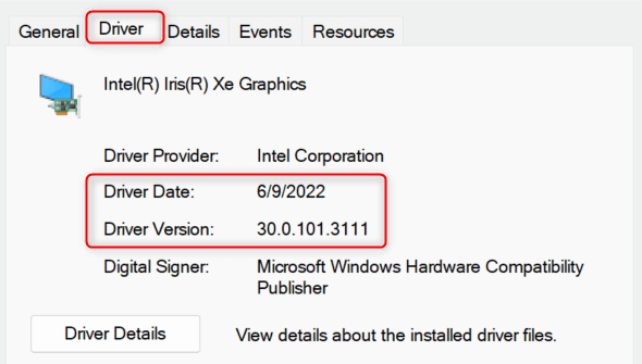 Driver version and date displayed in Device Manager.