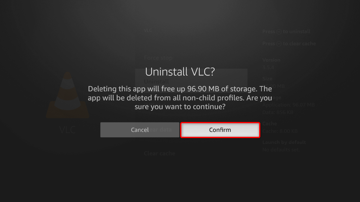 "Confirm" highlighted in the "Uninstall VLC?" prompt.