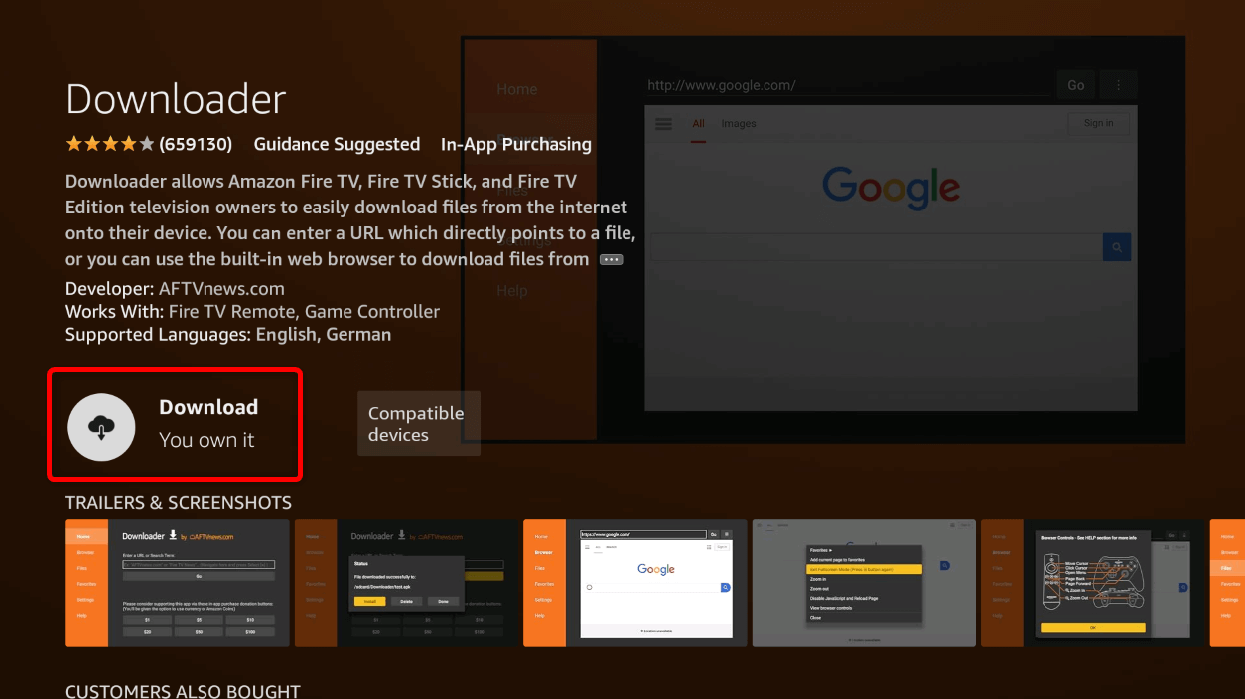 "Download" highlighted for Downloader in Fire TV Stick Appstore.