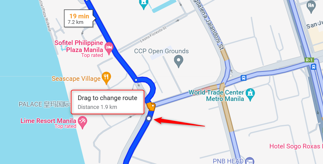 "Drag to change route" highlighted on Google Maps.