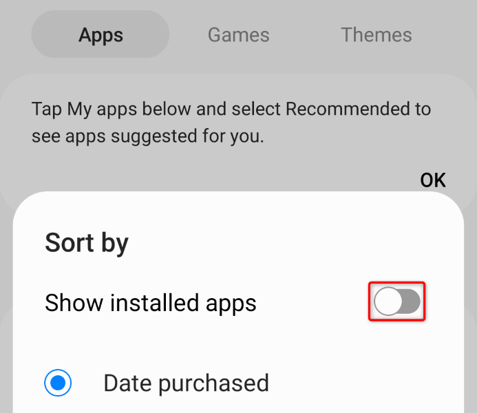 "Show installed apps" highlighted in the "Sort by" menu.