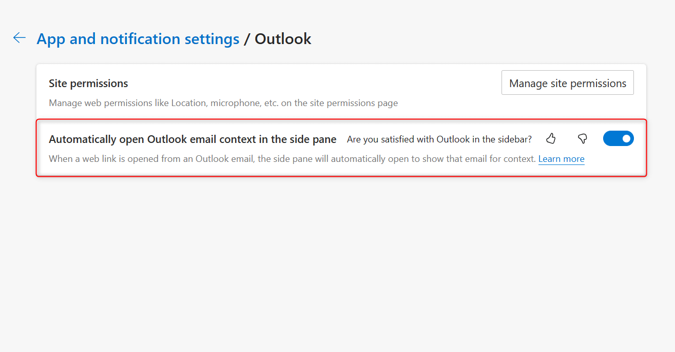 "Automatically open Outlook email context in the side pane" highlighted in Edge Settings.