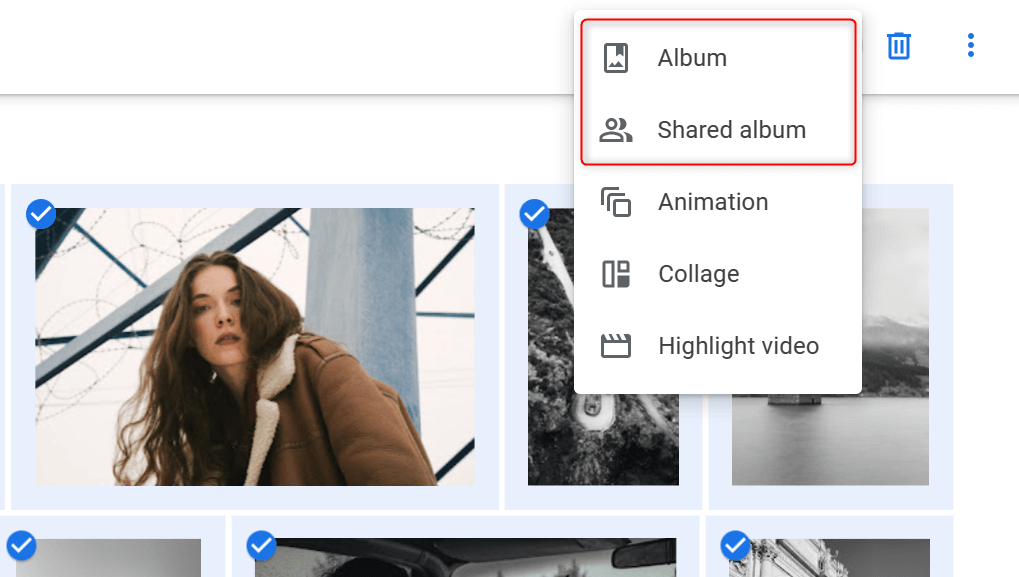 "Album" and "Shared Album" highlighted on Google Photos.