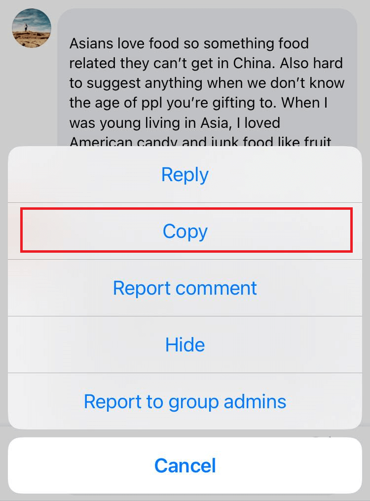 "Copy" highlighted for a comment in Facebook for iPhone.
