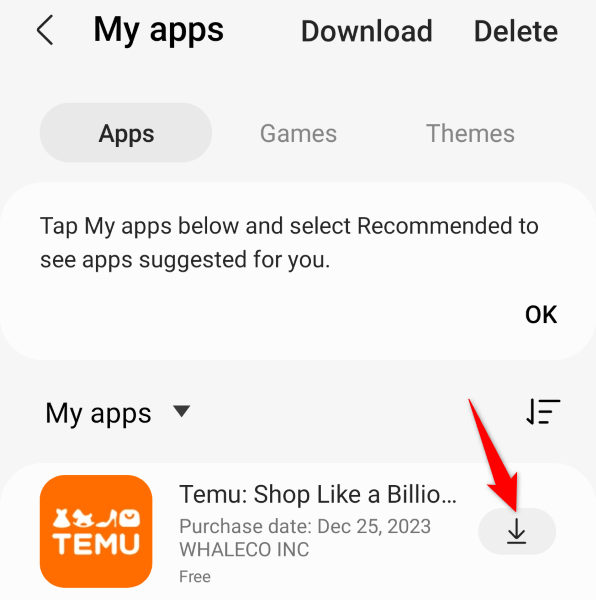 Download icon highlighted for a currently not installed app in Galaxy Store.
