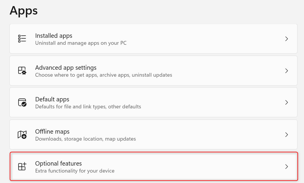 "Optional features" highlighted in Windows 11 Settings.
