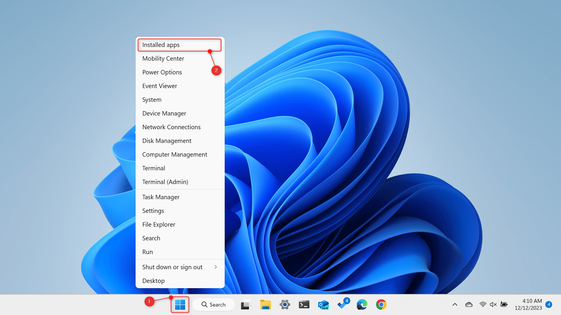 "Installed apps" highlighted in Power User Menu.