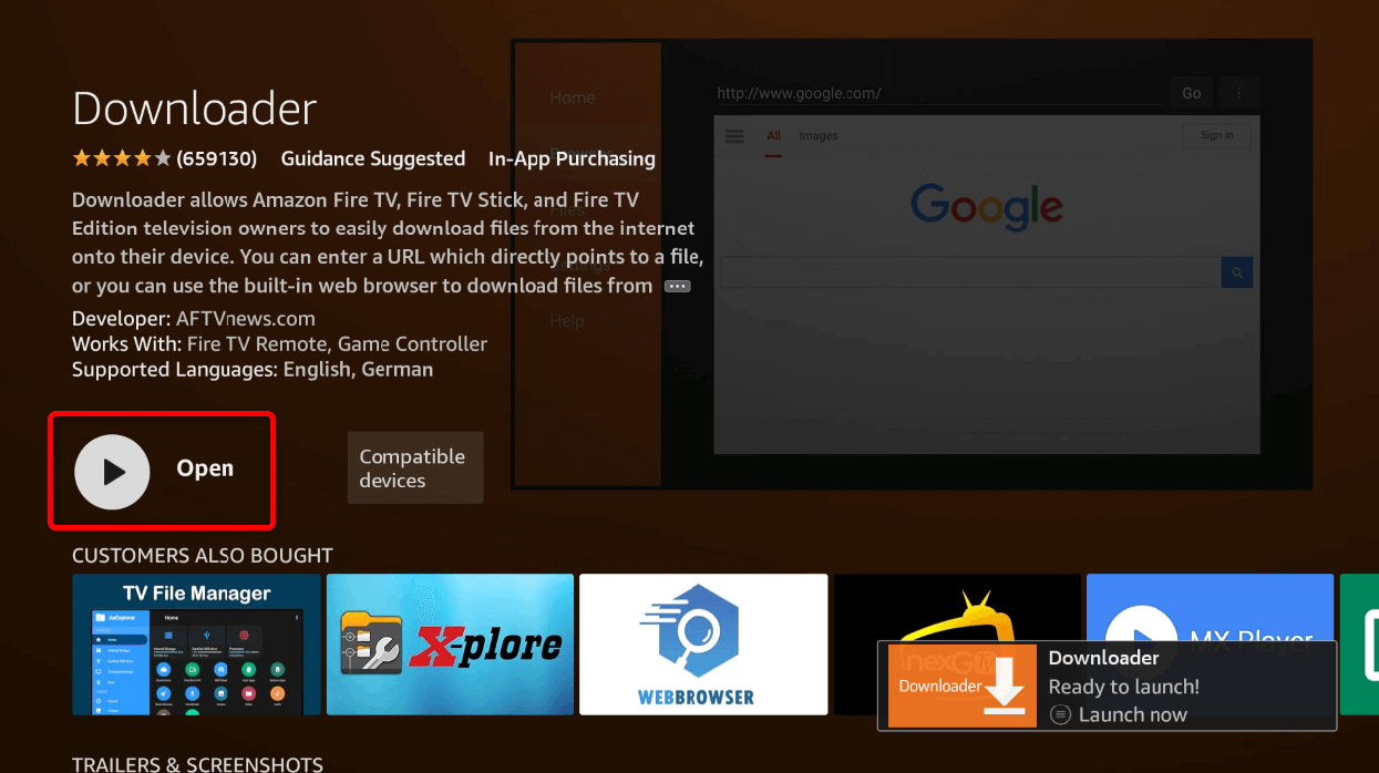 "Open" highlighted for Downloader in Fire TV Stick Appstore.