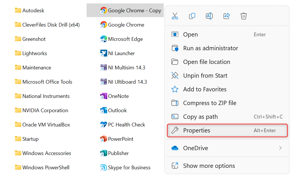 "Properties" highlighted for Google Chrome in File Explorer.