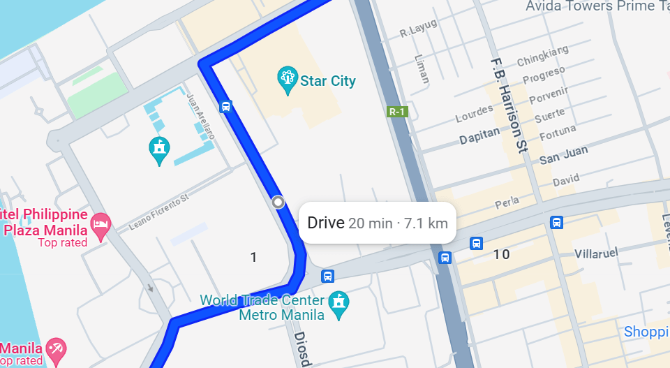 A route highlighted on Google Maps.