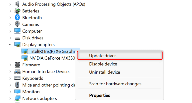 "Update driver" highlighted for a device in Device Manager.