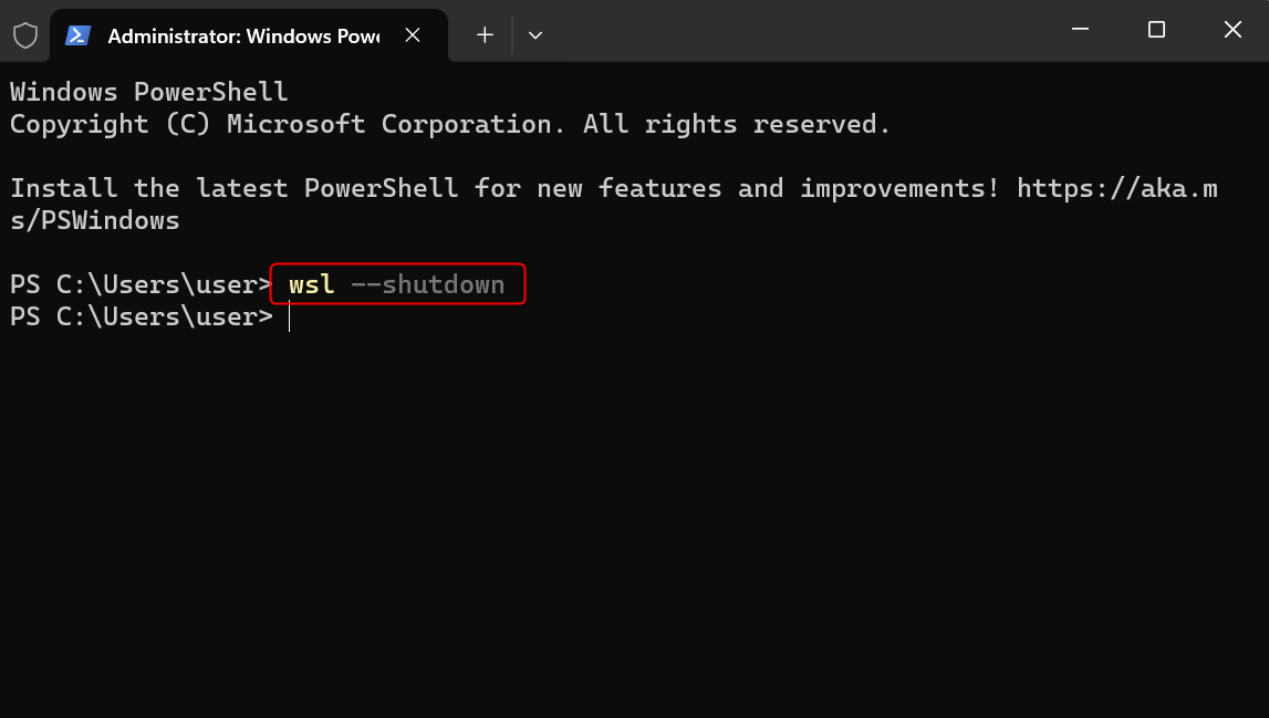 "wsl --shutdown" command in PowerShell.
