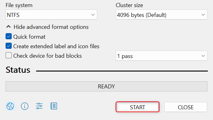 "Start" highlighted in Rufus.