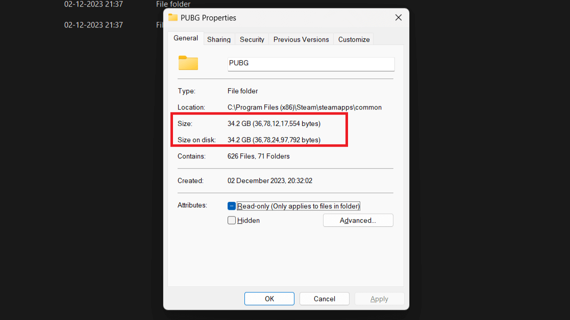 Steam game size in File Explorer.