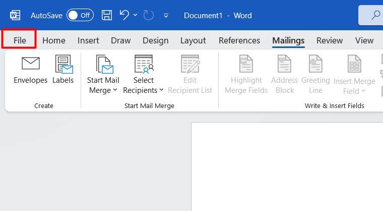 "File" highlighted in Word's ribbon.