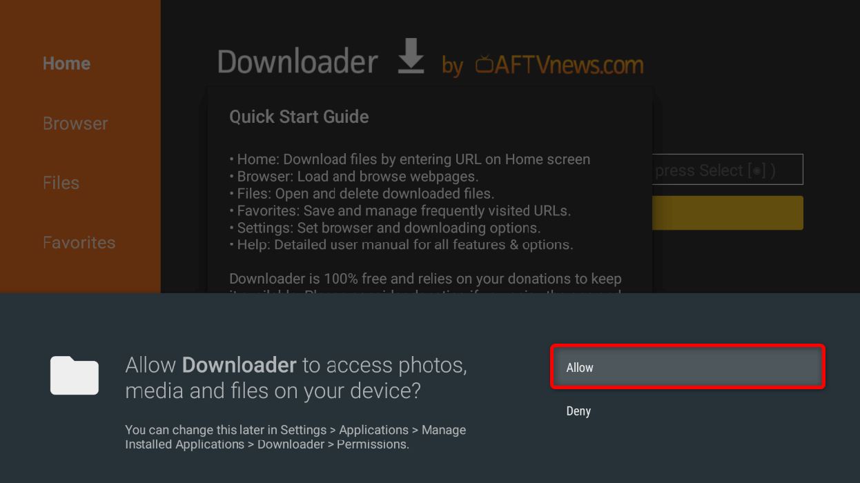 "Allow" highlighted for a permission in Downloader.