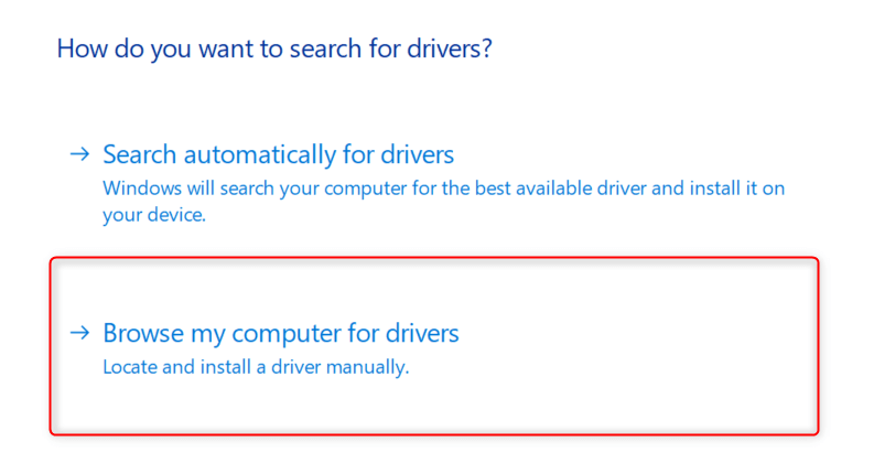 "Browse my computer for drivers" highlighted in Device Manager.