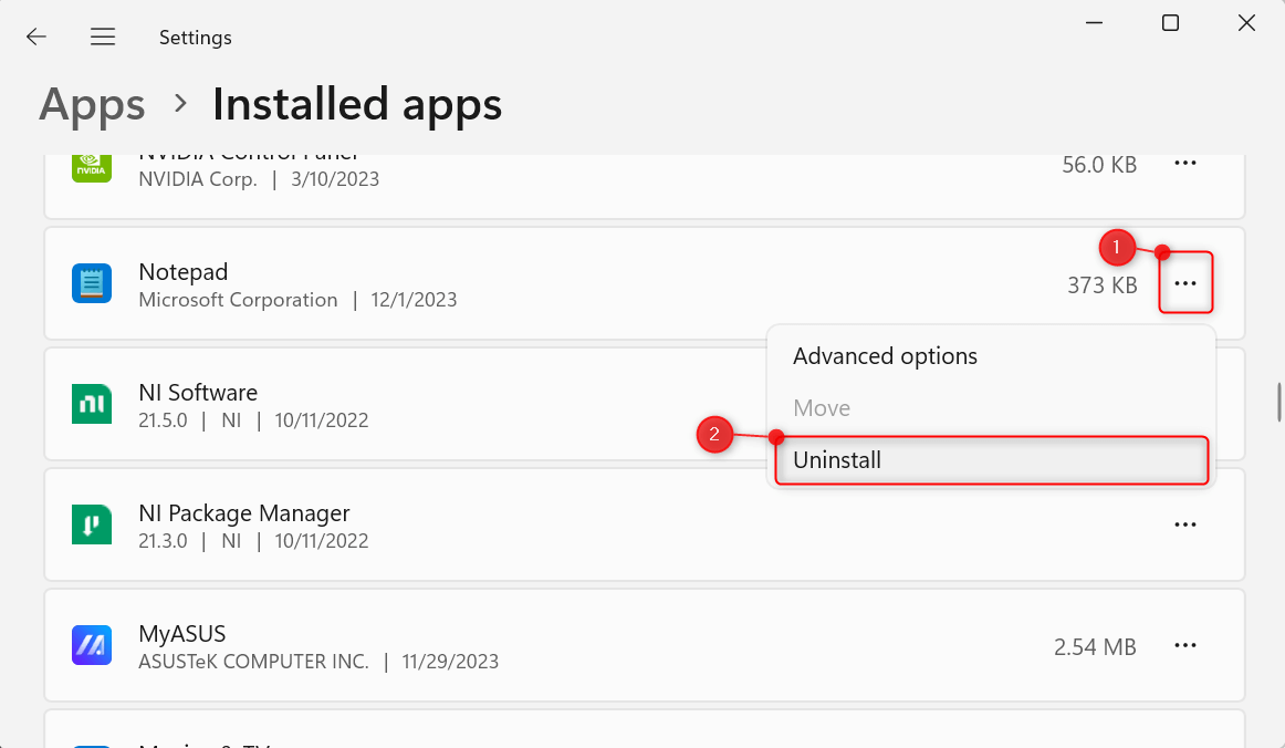Three dots and "Uninstall" highlighted for an app in Windows 11 Settings.