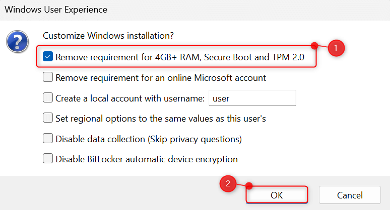 Requirements option checked on the "Windows User Experience" window in Rufus.