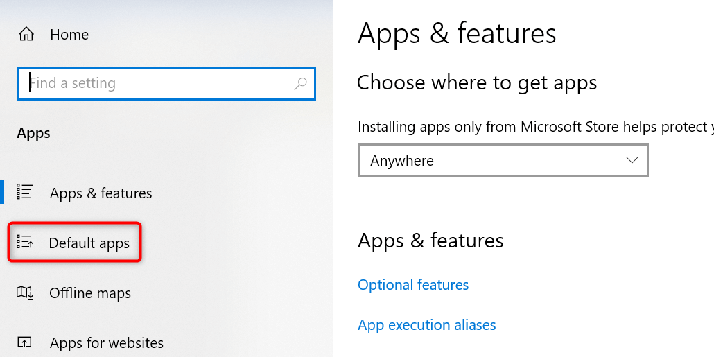 "Default apps" highlighted in Windows 10 Settings.