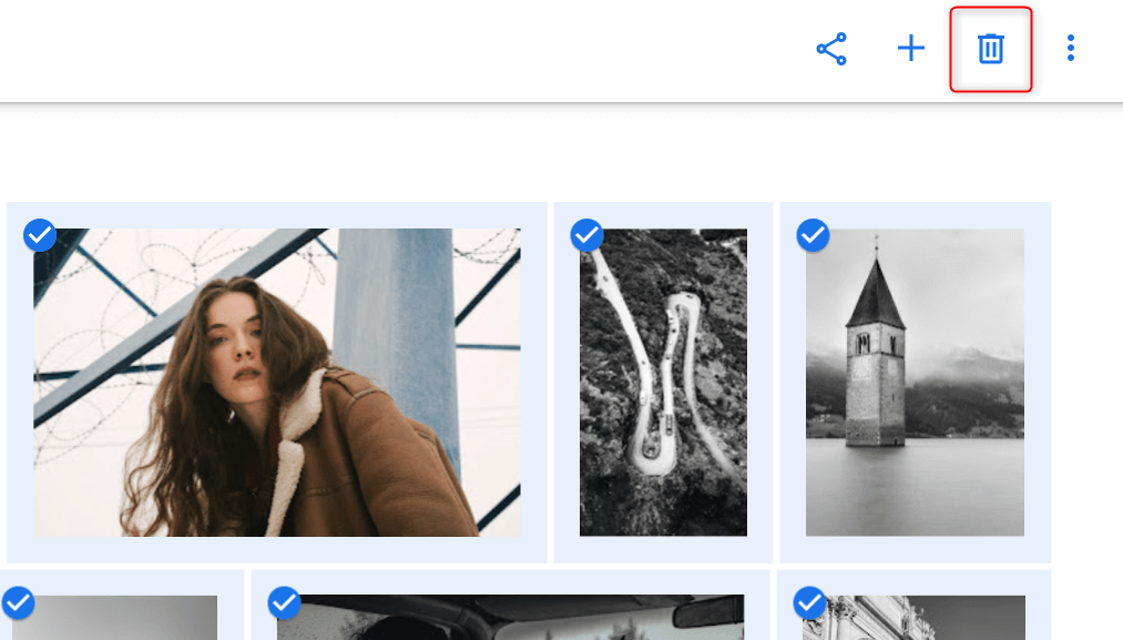 The trash can icon highlighted on Google Photos.
