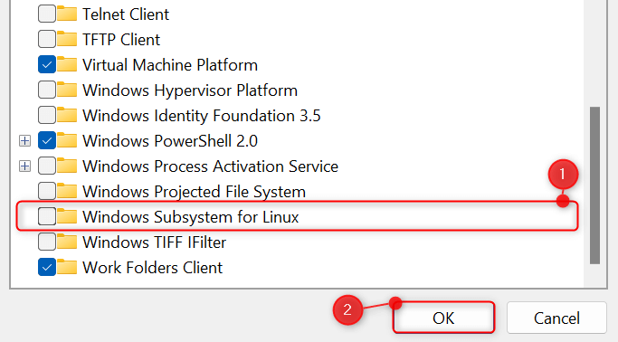 "Windows Subsystem for Linux" and "OK" highlighted.