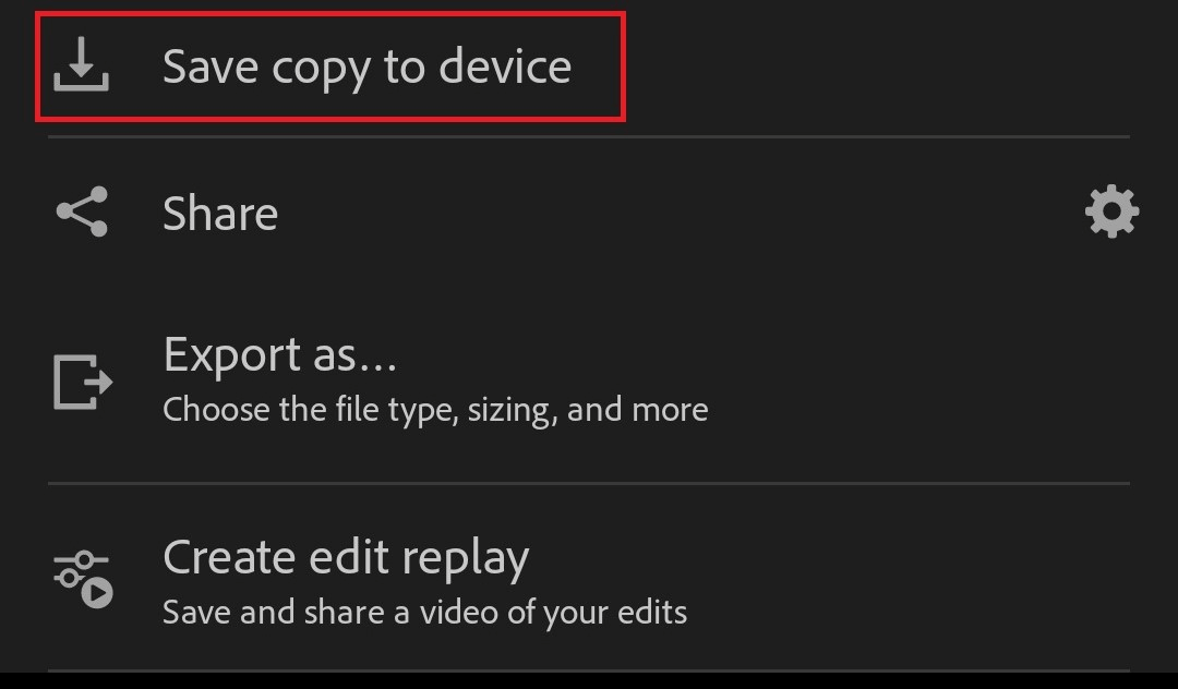 "Save copy to device" highlighted in Lightroom.