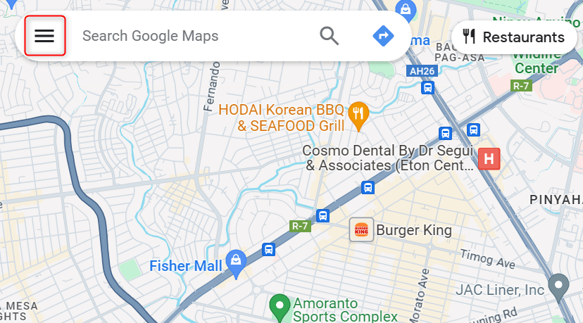 Hamburger menu highlighted on Google Maps.