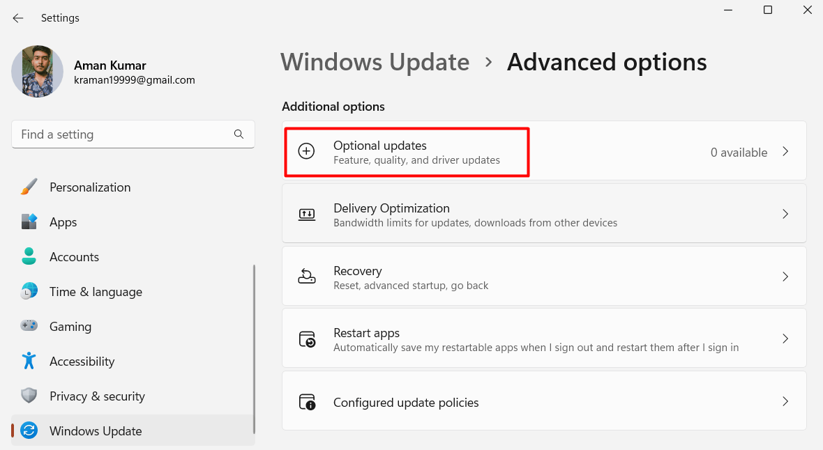 "Optional updates" highlighted in Windows Update settings.