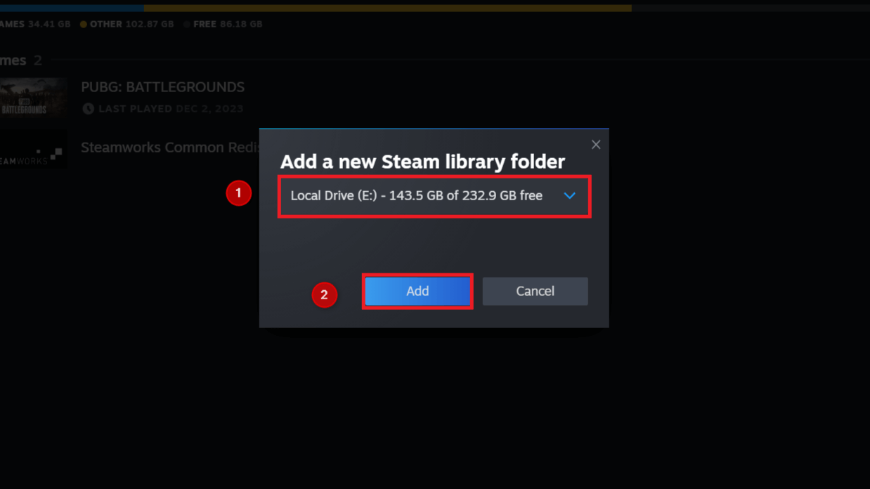 Drives and "Add" highlighted in Steam.