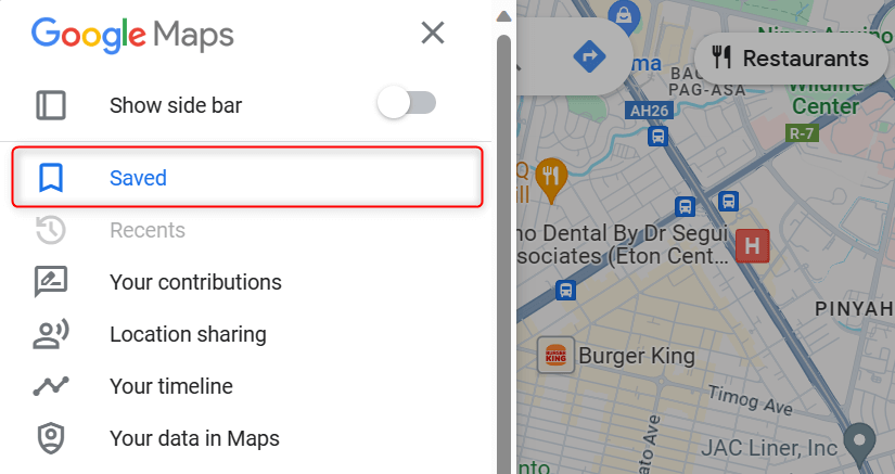 "Saved" highlighted in the left sidebar on Google Maps.