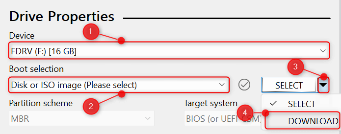 "Drive Properties" options highlighted in Rufus.