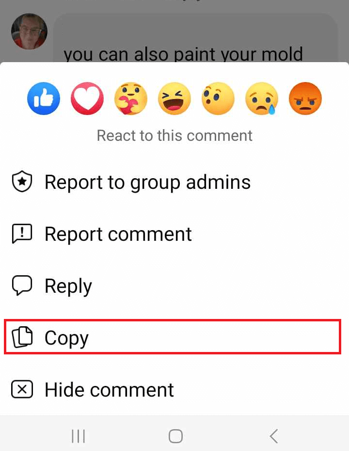 "Copy" highlighted for a comment in Facebook for Android.